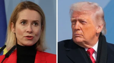 Sean Gallup/Anna Moneymaker/Getty Images Composite image of Donald Trump and Kaja Kallas. Kallas has two microphones in front of her whereas Trump is outside wearing a navy coat and a red tie.